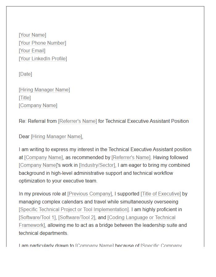 Technical Executive Assistant Referral Cover Letter Template