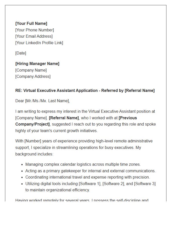 Virtual Executive Assistant Referral Cover Letter Template