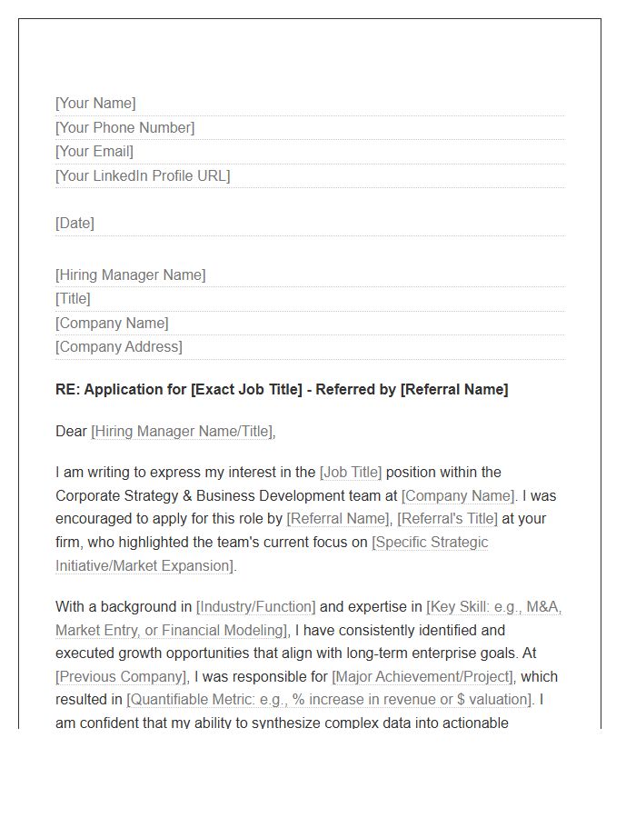 Corporate Strategy Business Development Referral Cover Letter Template
