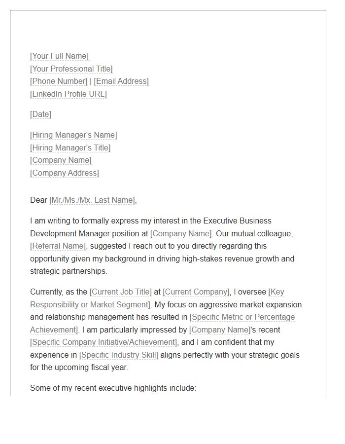 Executive Business Development Manager Referral Cover Letter Template