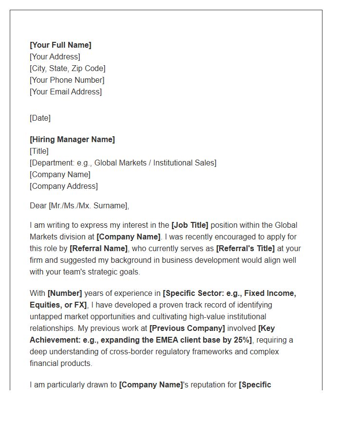 Global Markets Business Development Referral Cover Letter Template