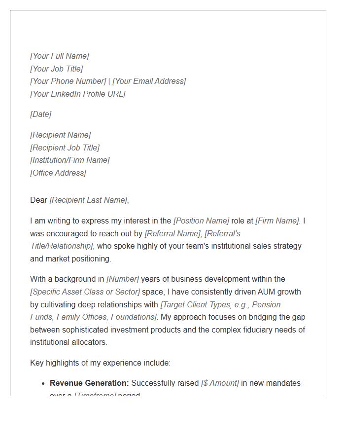 Institutional Sales Business Development Referral Cover Letter Template