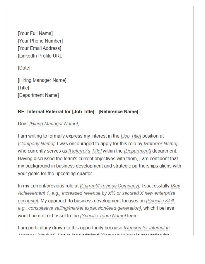 Internal Employee Referral Business Development Cover Letter Template