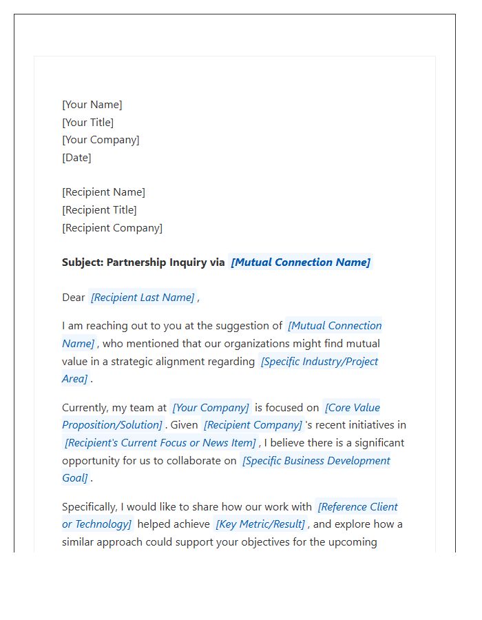 Mutual Connection Referral Business Development Cover Letter Template