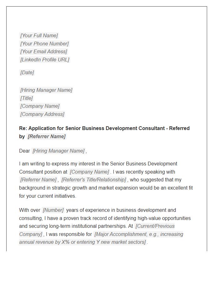 Senior Business Development Consultant Referral Cover Letter Template