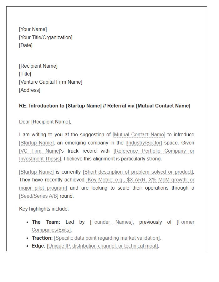 Venture Capital Business Development Referral Cover Letter Template