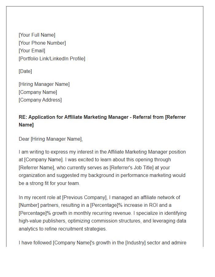 Affiliate Marketing Manager Referral Cover Letter Template