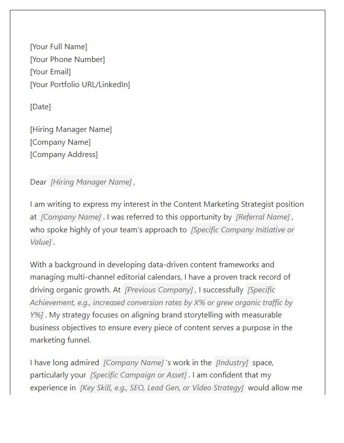 Content Marketing Strategist Referral Cover Letter Template