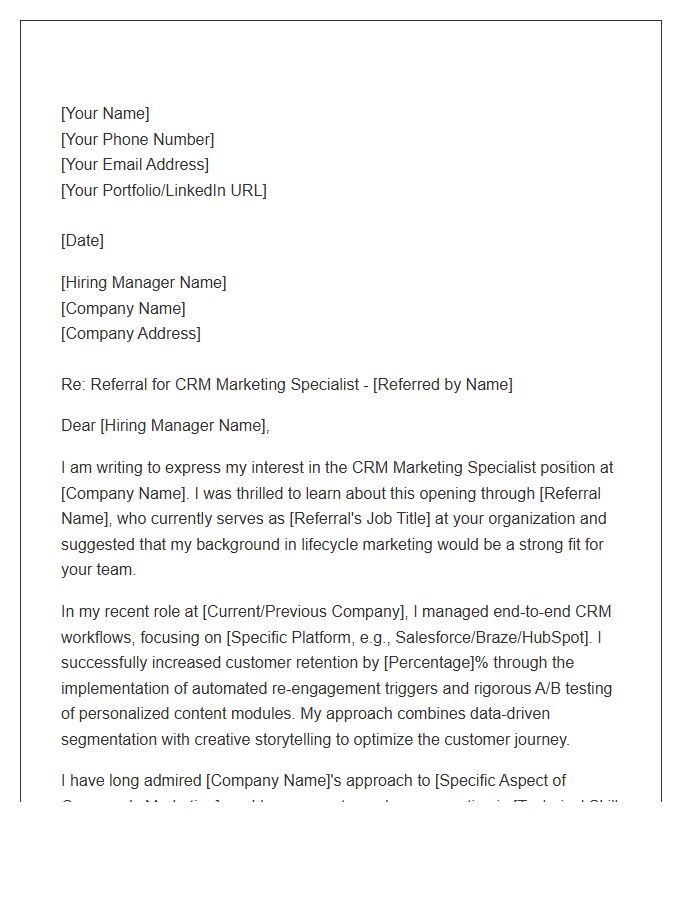 CRM Marketing Specialist Referral Cover Letter Template