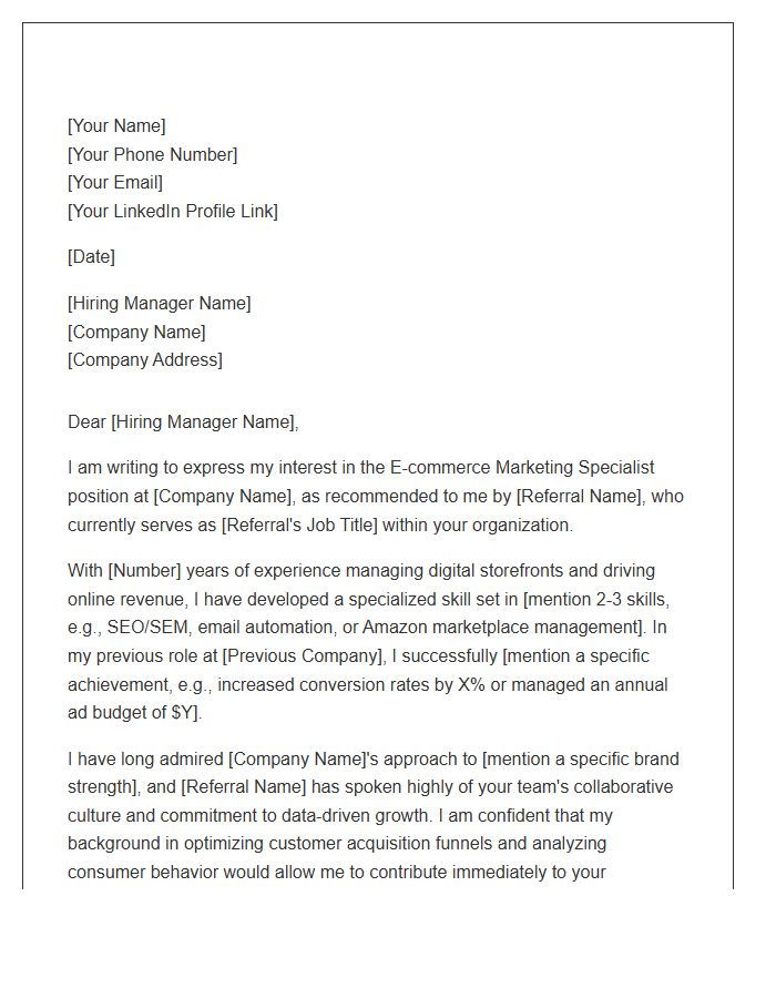 E-commerce Marketing Specialist Referral Cover Letter Template