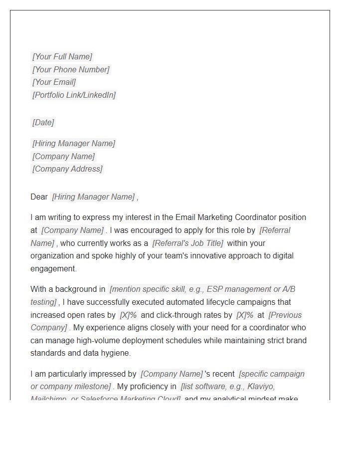 Email Marketing Coordinator Referral Cover Letter Template