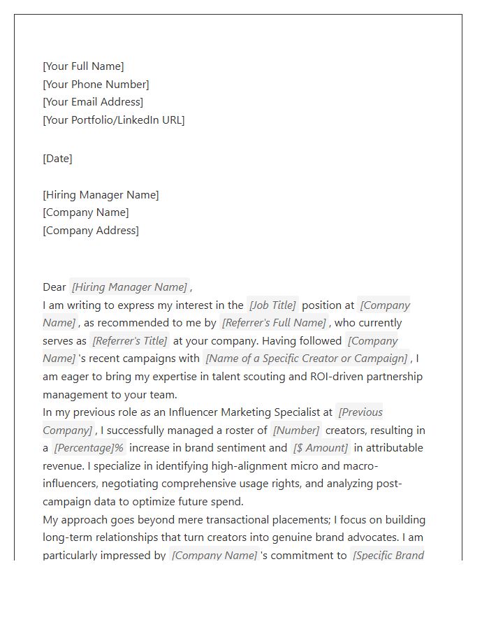 Influencer Marketing Specialist Referral Cover Letter Template