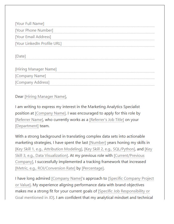 Marketing Analytics Specialist Referral Cover Letter Template
