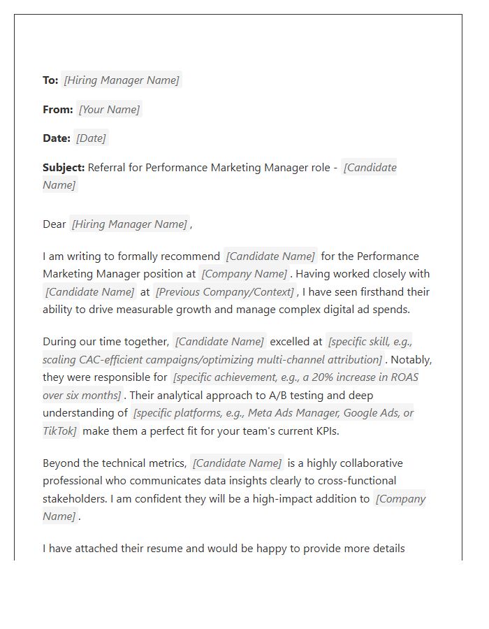 Performance Marketing Manager Referral Cover Letter Template