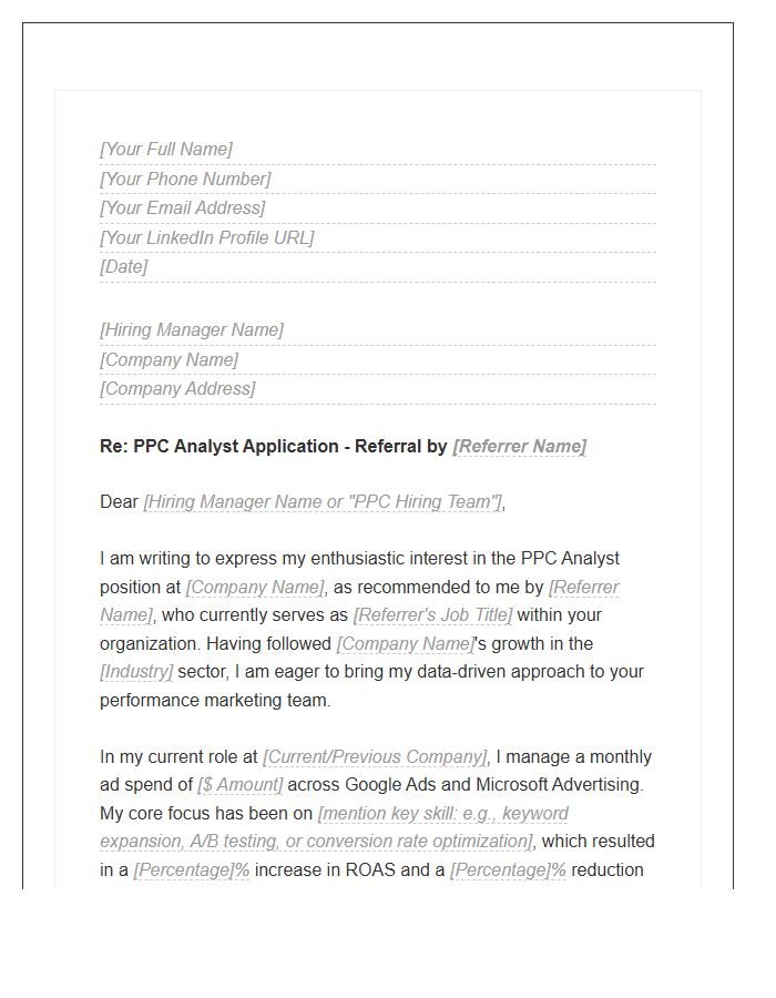 PPC Analyst Employee Referral Cover Letter Template