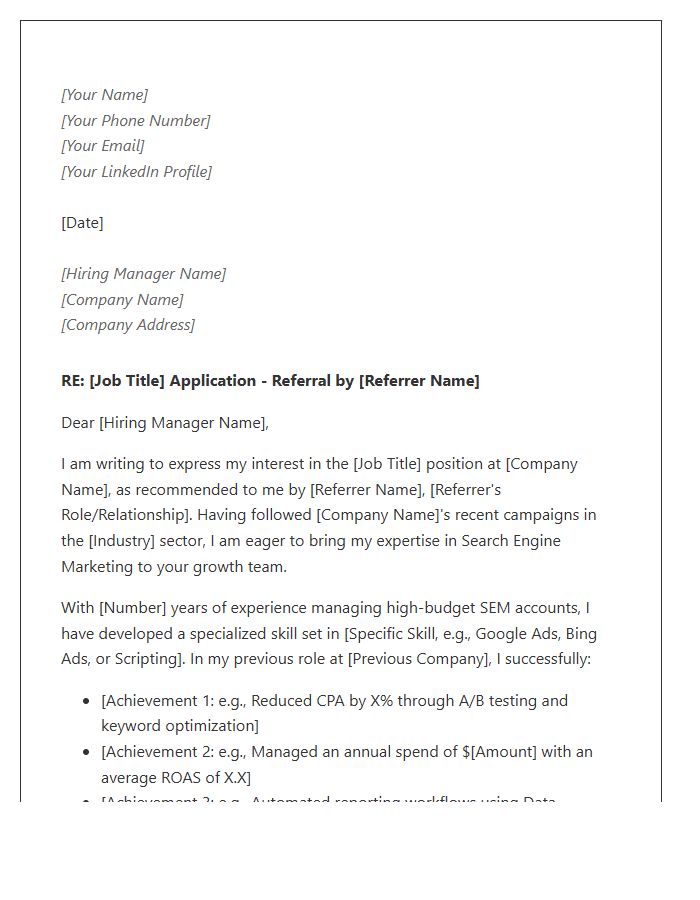 Search Engine Marketing Referral Cover Letter Template