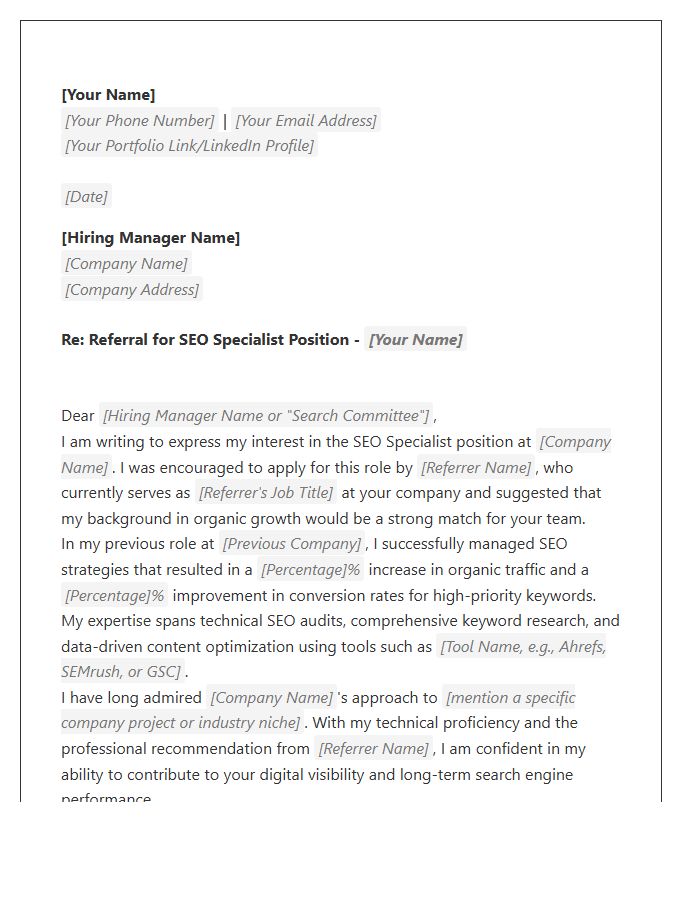 SEO Specialist Referral Cover Letter Template