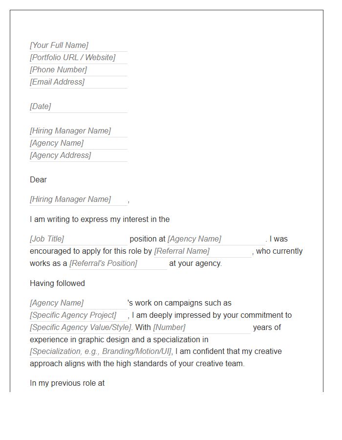 Agency Graphic Designer Referral Cover Letter Template