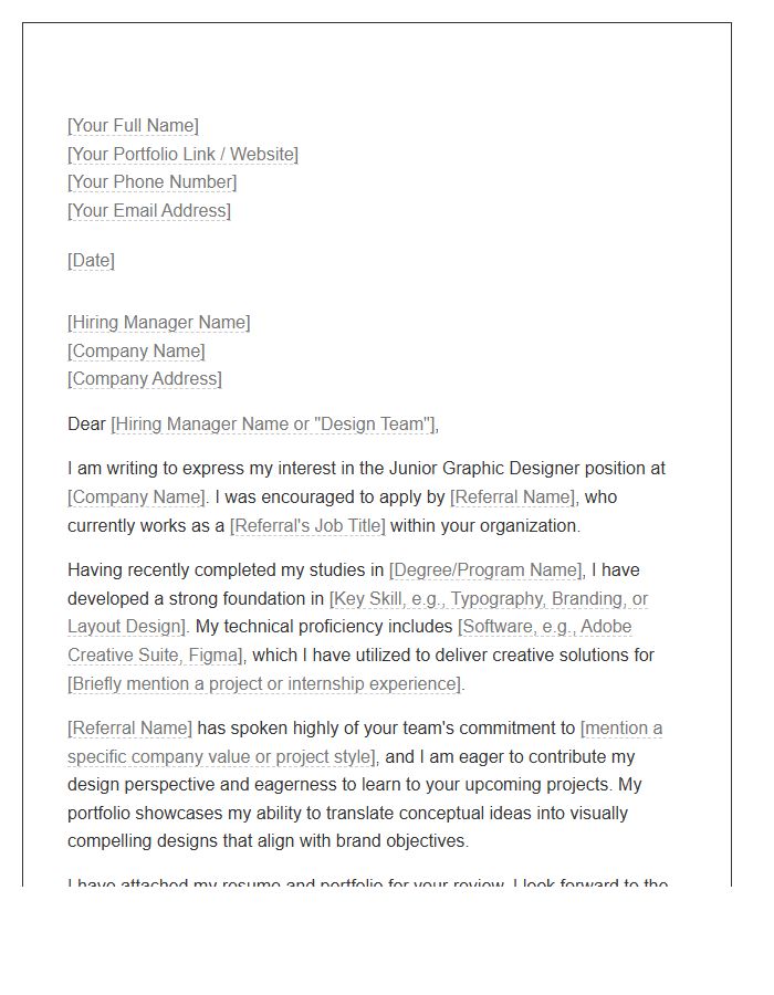 Junior Graphic Designer Referral Cover Letter Template