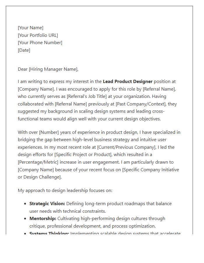 Lead Product Designer Referral Cover Letter Template