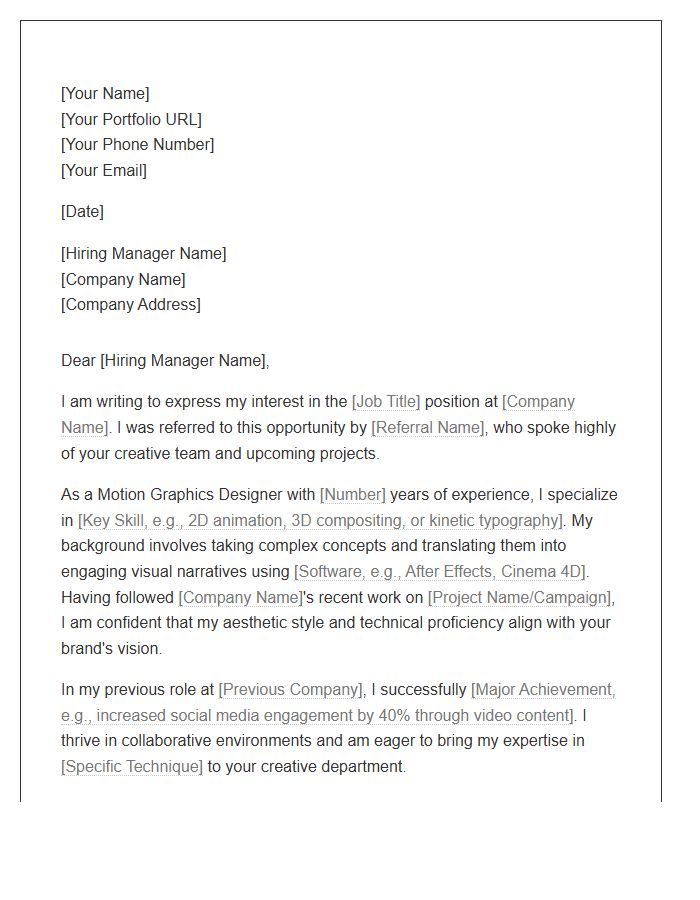Motion Graphics Designer Referral Cover Letter Template