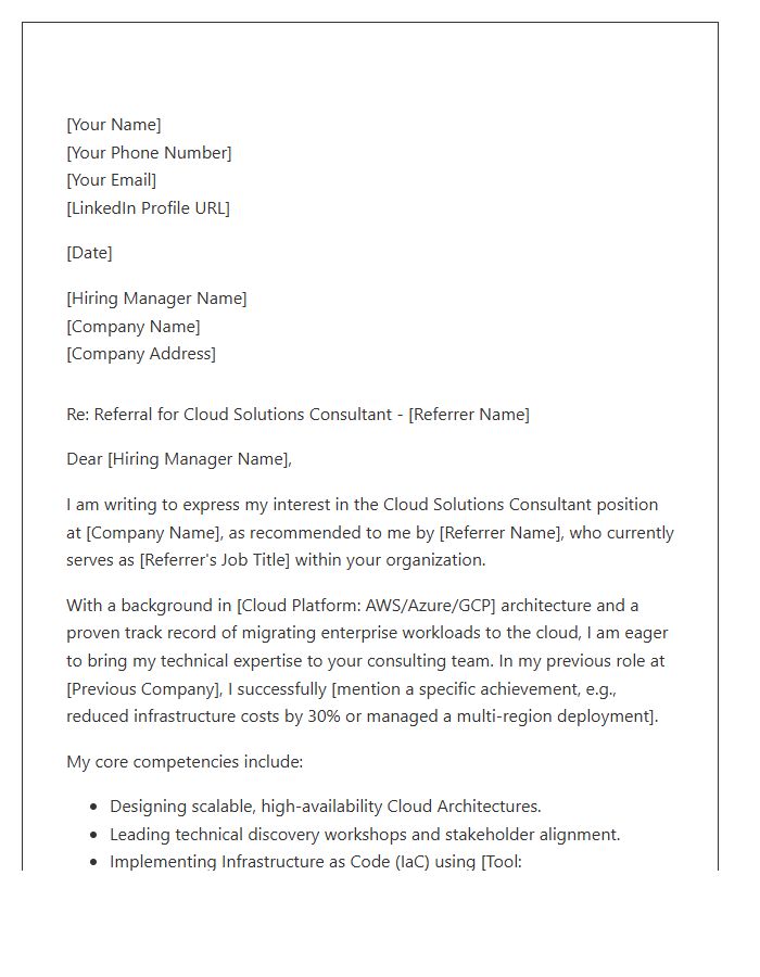 Cloud Solutions Consultant Referral Cover Letter Template