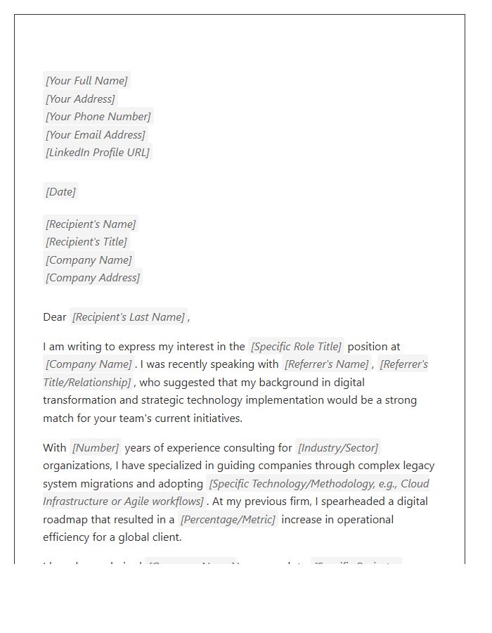 Digital Transformation Consultant Referral Cover Letter Template