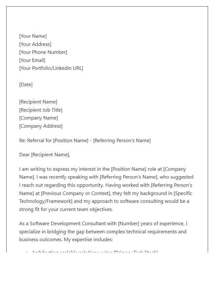 Software Development Consultant Referral Cover Letter Template
