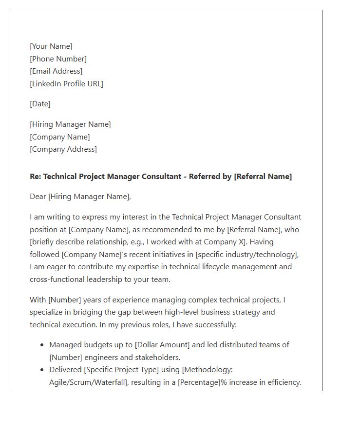 Technical Project Manager Consultant Referral Cover Letter Template