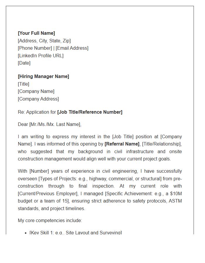 Civil Construction Engineer Referral Cover Letter Template