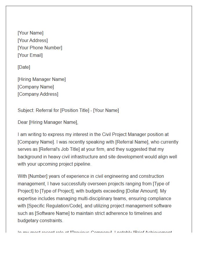 Civil Project Manager Referral Cover Letter Template
