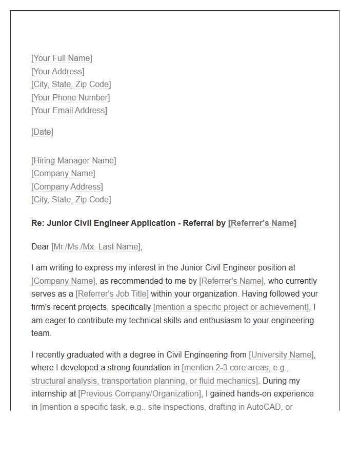 Junior Civil Engineer Employee Referral Cover Letter Template