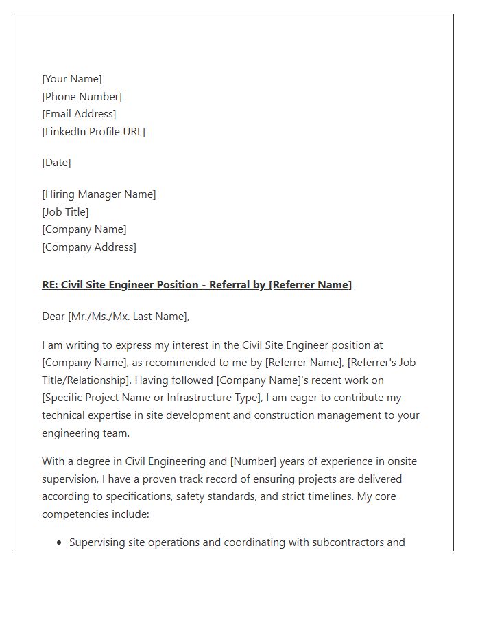 Professional Civil Site Engineer Referral Cover Letter Template