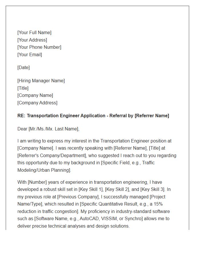 Transportation Engineer Referral Cover Letter Template