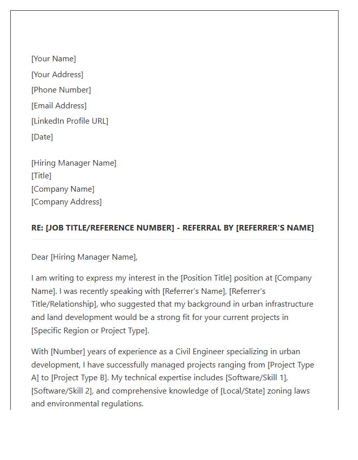 Urban Development Civil Engineer Referral Cover Letter Template