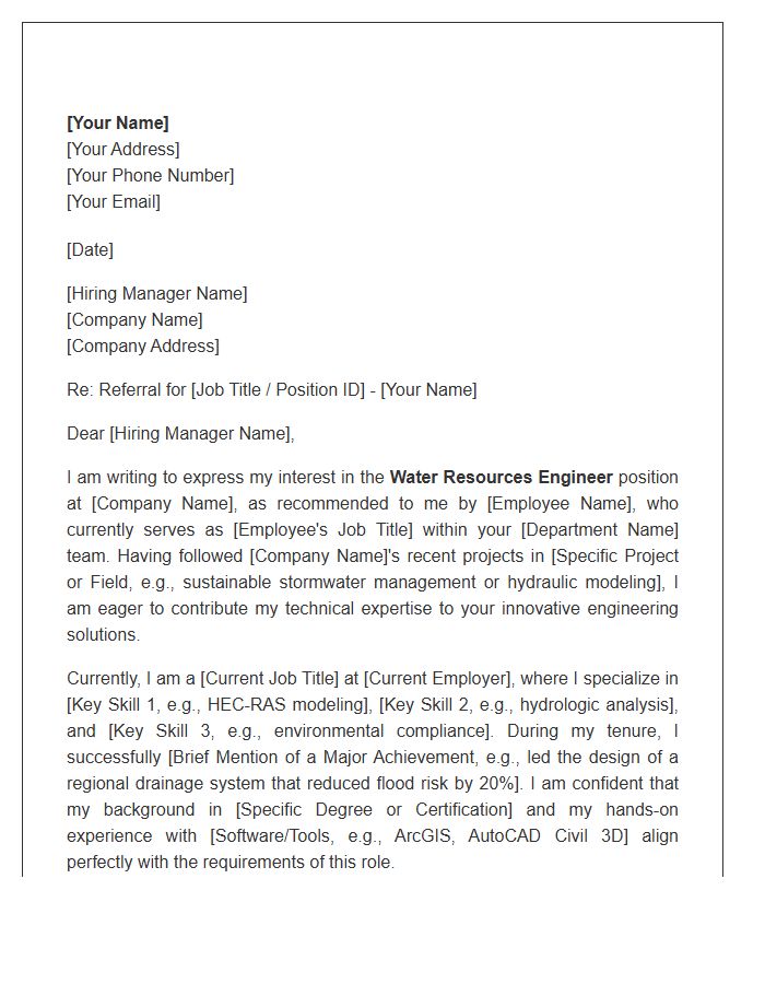 Water Resources Engineer Internal Referral Cover Letter Template