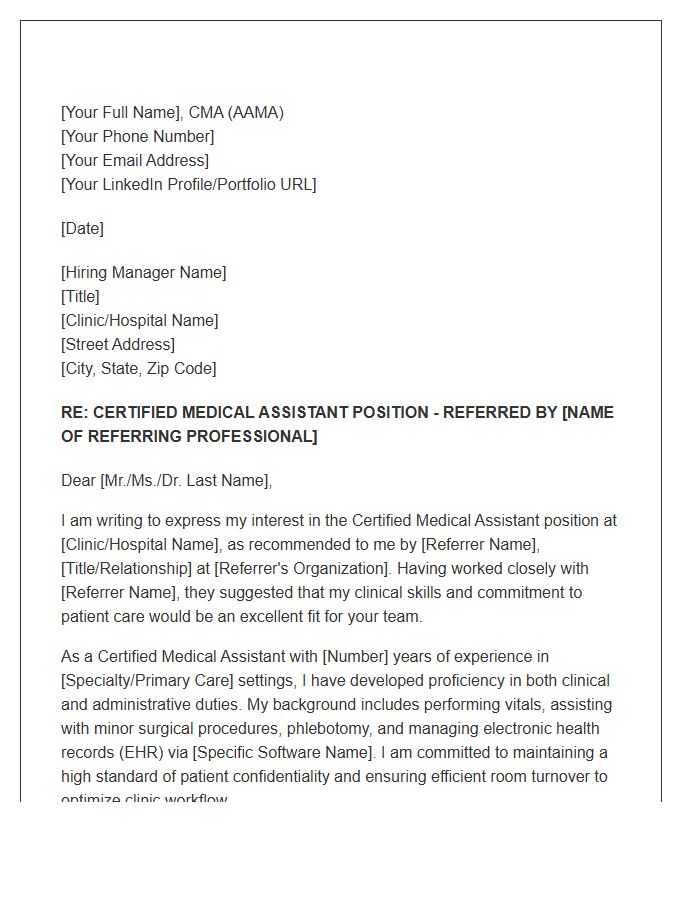 Certified Medical Assistant Referral Cover Letter Template
