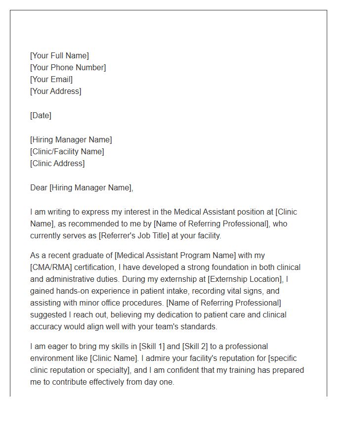 Entry Level Medical Assistant Referral Cover Letter Template