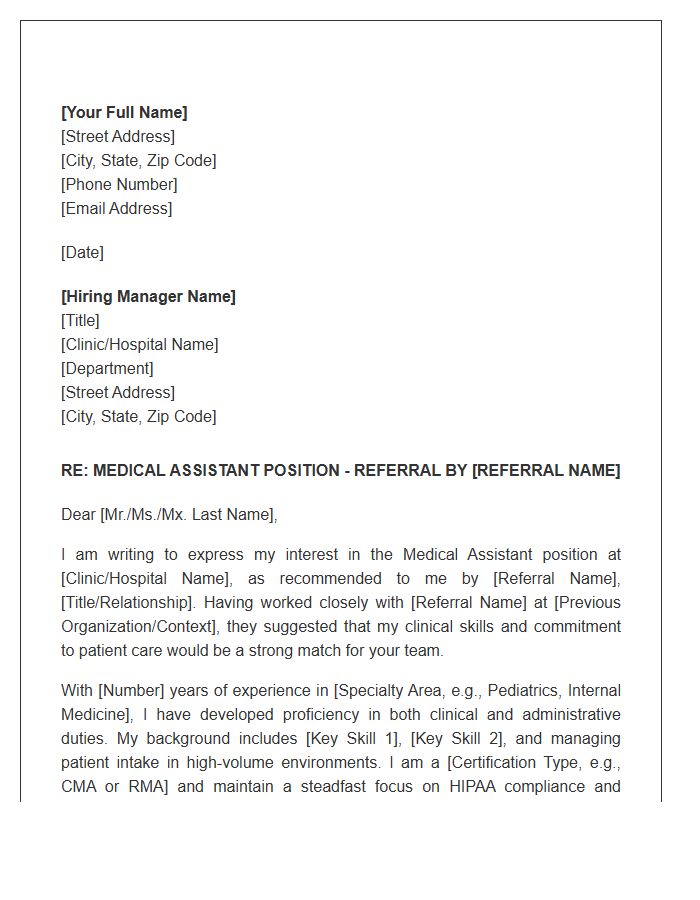 Professional Medical Assistant Referral Cover Letter Template