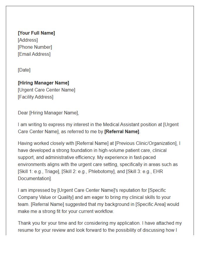 Urgent Care Medical Assistant Referral Cover Letter Template