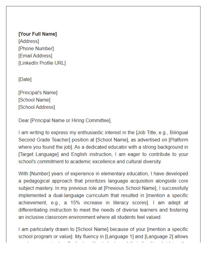 Bilingual Elementary School Teacher Cover Letter Template