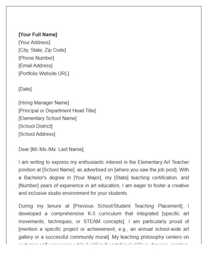 Elementary School Art Teacher Cover Letter Template