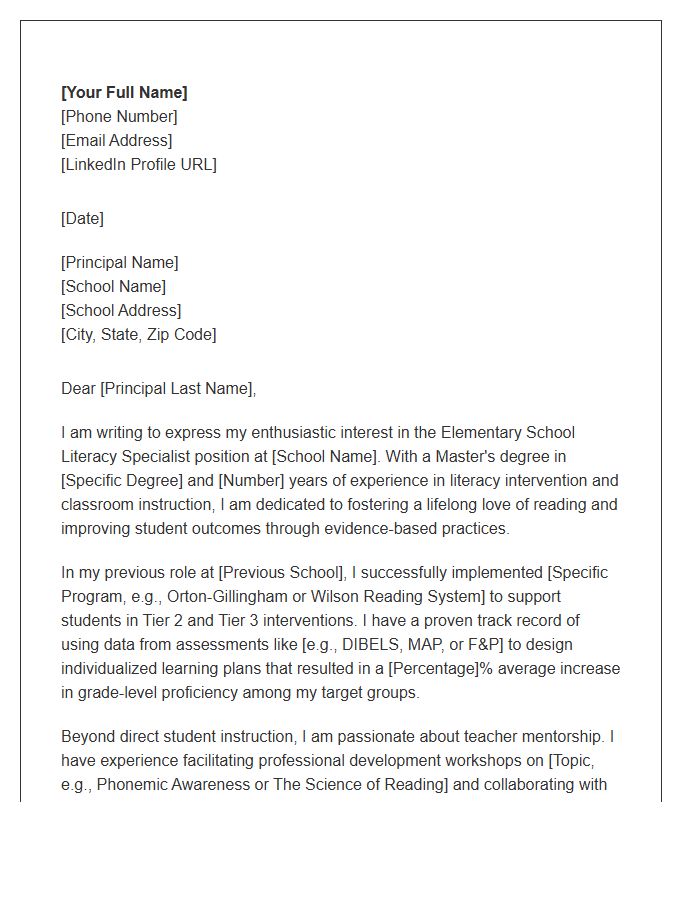 Elementary School Literacy Specialist Cover Letter Template