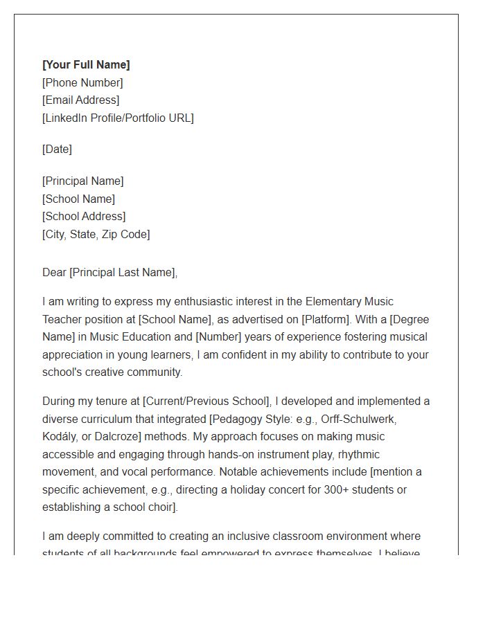 Elementary School Music Teacher Cover Letter Template