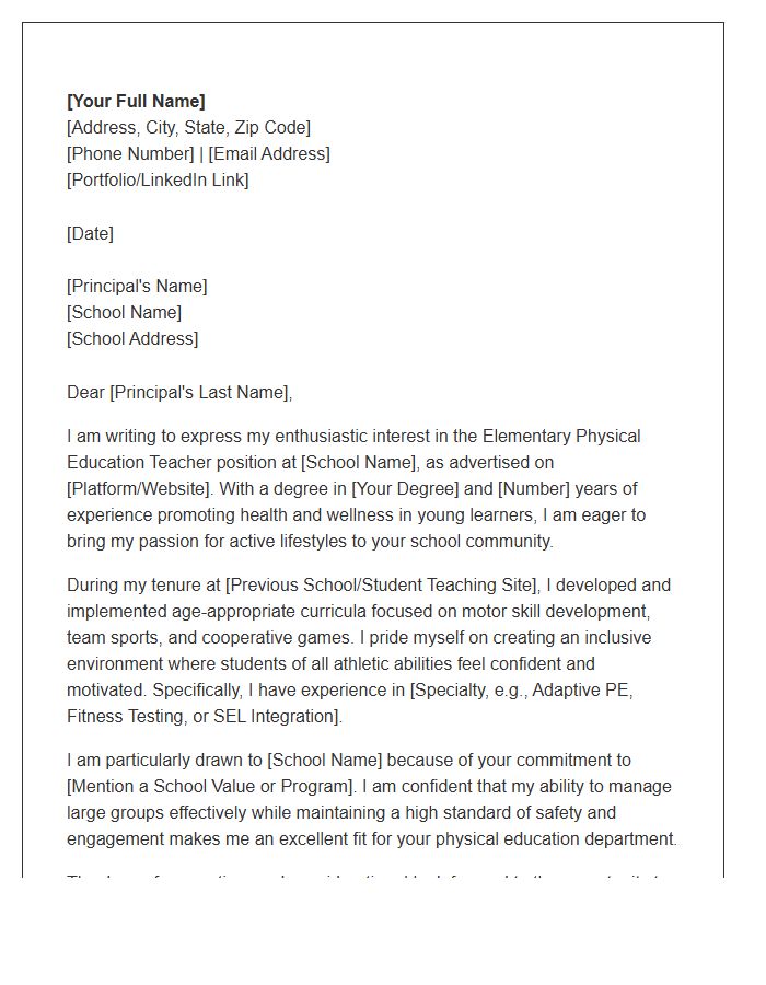 Elementary School Physical Education Teacher Cover Letter Template