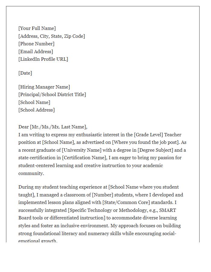 Entry Level Elementary School Teacher Cover Letter Template