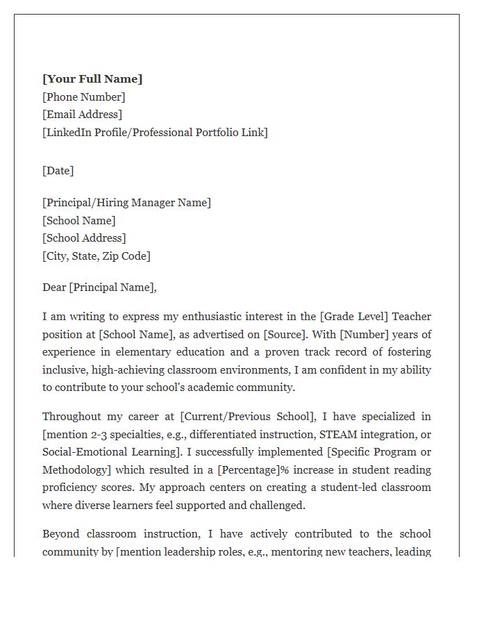 Experienced Elementary School Teacher Cover Letter Template