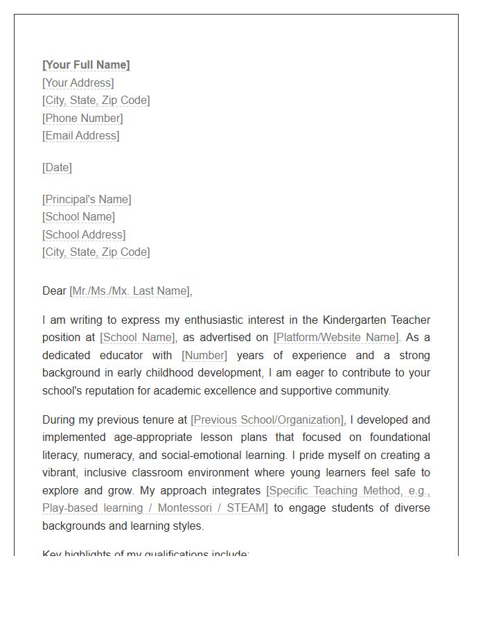Kindergarten Elementary School Teacher Cover Letter Template