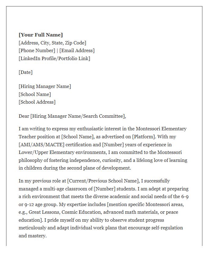 Montessori Elementary School Teacher Cover Letter Template