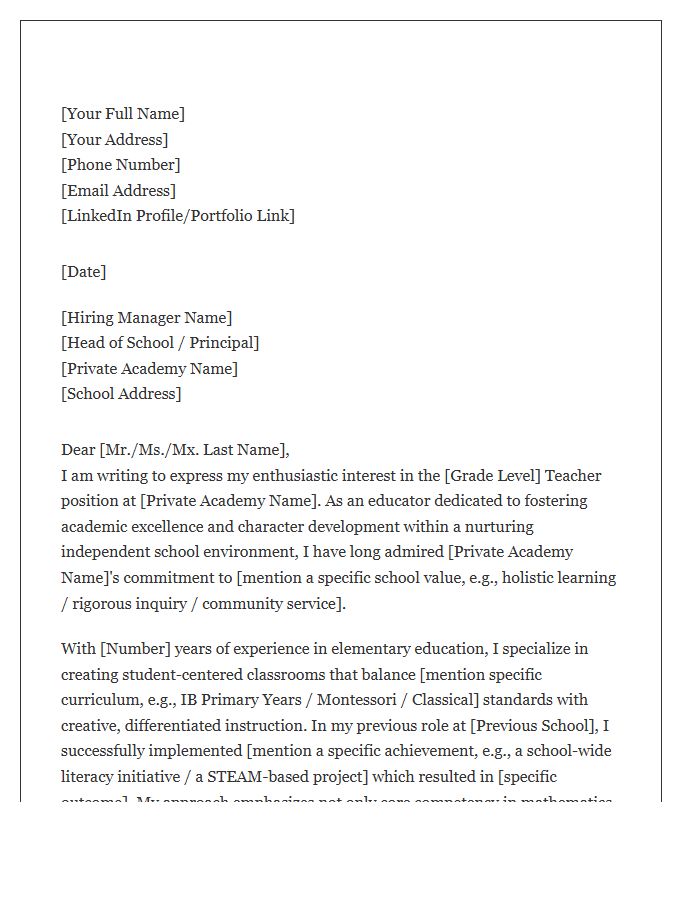 Private Academy Elementary School Teacher Cover Letter Template